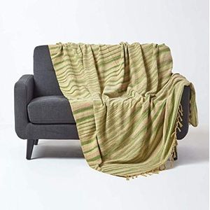 Homescapes sprei/plaid/deken plaid chenille in groen/olijfgroen gestreept met franjes - 220 x 240 cm - handgeweven van 100% puur katoen