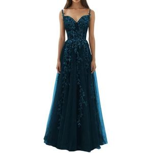 BRIGOW BY032 Damesjurk met spaghettibandjes, kant, geborduurde baljurk, liefje, vloerlengte, formele avondfeestjurk, Turkoois, 32