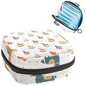 Houten Paard Periode Pouch Draagbaar,Tampon Opbergtas voor Maandverband, Meerkleurig, 4.7x6.6x6.6 in/12x17x17 cm
