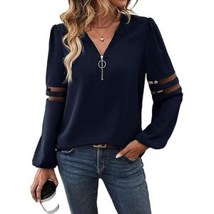 dames topjes Contrasterende mesh-inzet blouse met halve rits en lantaarnmouwen (Color : Navy Blue, Size : XL)