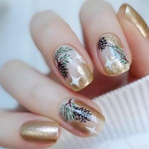 Korte vierkante kunstnagels kerstboom Press-on nagels bladeren volledige covers stok op nagels glinsterende kunstnagels