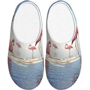 EdWal Zwerm roze flamingo's op het strand print winter warme pantoffels indoor anti-slip pluche pantoffels ontspannen thuis voor vrouwen mannen, Zwart, 37.5 EU