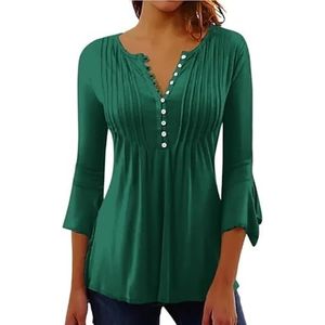 Shirts met bloemblaadjesmouwen, V-hals for dames, T-shirts, casual tops, plooien, knopen, truien, elegante blouses for kantoorvrouwen(Dark Green,3XL)
