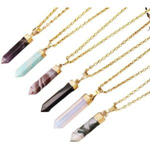 Classic Crystal Point Pendant Healing Natural Stone Tiger's Eye Rose Quartz Hexagon Necklace Jewelry (Color : Random Stone Gold)