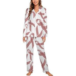 Roze linten Baarmoeder Kanker Awareness Vrouwen Lange Mouw Button Down Nachtkleding Zachte Nachtkleding Lounge Pyjama Set XL