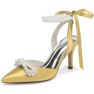 KYEGLO Satijnen Afstudeerschoenen Voor Dames Met Parelstrik, Puntige Neus, Hoge Hak En Parelriempje Om De Enkel, Perfect Voor Bruiloften En Schoolfeesten,Gouden,36