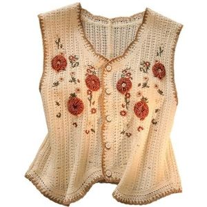 GKEIOSHQIL Womens zomer gebreide vest top uitgeholde bloemen knop naar beneden trendy mouwloze vest top,Beige,L