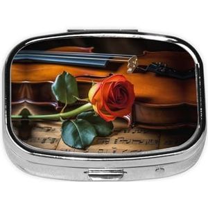 Pillendoos, snap-Shut Deksels Reizen Pillendoos, Draagbare Lange Termijn Opslag Pil Organizer voor het Dragen in Zakken, Portefeuille, Reizen, Werk (Houten Viool en Roos)