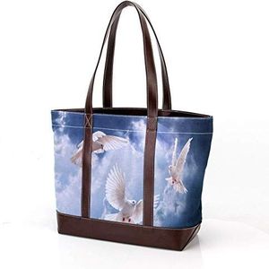 Laptop Tote tas met witte duif onder de blauwe hemel print, dragen schoudertassen casual canvas zakelijke werk draagtas aktetas voor computer school kantoor