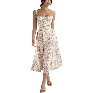 Midi-jurk met korset for dames, zomer boho mouwloze vierkante hals zwierige print split lace up getailleerde sprookjesjurk (Color : Apricot red flower, Size : Small)