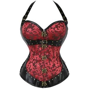 Corset Women'S Corset Vintage Satin Floral Lace-Up Corset Gothic Bridal Wear Party Costume-Red-Xxl