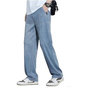 Elastische Taille Jeans Voor Heren Casual Loose Fit Relaxed Lightweight Straight Denim Pant Met Rits En Knoop,Light blue,3XL