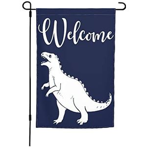 Tuinvlag 30x45cm, schattige witte dinosaurus silhouet op marineblauwe achtergrond veranda vlag levendige kleur strand vlaggen, voor activiteiten, carnaval