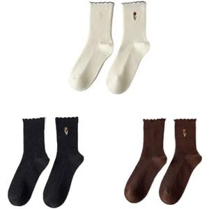YIJIANUO 3 paar damessokken set lente en zomer dunne ademende ruches rand sokken alle katoen leuke vrouwen witte bedrukte sokken, Kaki, One size