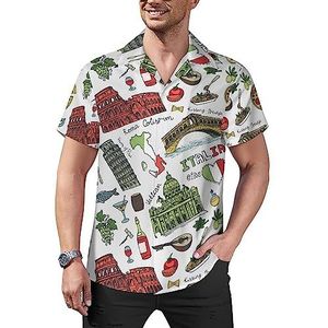 Italië Oriëntatiepunt Pisa Tower And Food Heren Casual Button-Down Shirts Korte Mouw Cubaanse Kraag Tees Tops Hawaiiaans T-shirt 4XL