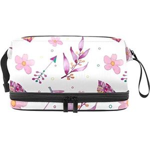 Grote capaciteit reizen cosmetische tas,Make-up tas,Waterdichte make-up tas Organizer, aquarel roze bladeren bloemen, Meerkleurig, 27x15x14 cm/10.6x5.9x5.5 in