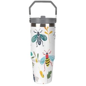 FZQVSGW 30 oz grote capaciteit autobeker met rietje helder insectenpatroon roestvrijstalen reismok - dubbelwandige vacuüm geïsoleerde beker, lekvrij, voor reizen, buiten en thuisgebruik