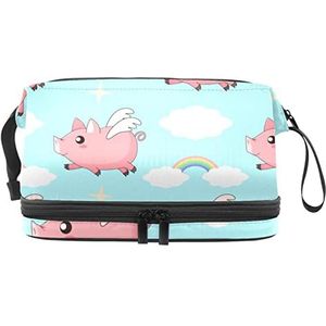 Grote capaciteit reizen cosmetische tas, vliegende engel varken roze wolk regenboog blauwe hemel, make-up tas, waterdichte make-up tas organisator, Meerkleurig, 27x15x14 cm/10.6x5.9x5.5 in