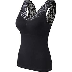 Dames Ondershirt,Dames Shapewear Hemd Zwart Kant Corset Fleece Warm Hemd Tanktop Met Borstkussen Hemdje Thermisch Ondergoed Doorschijnend Riem Bh Vormgevend Shirt Dames Top, M