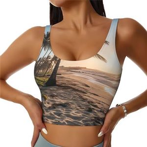 ZXERTG Atletische tanktops met tropische strandprint, hoge ondersteuning, ideaal voor high-impact trainingen, yoga en hardlopen, Zwart, S