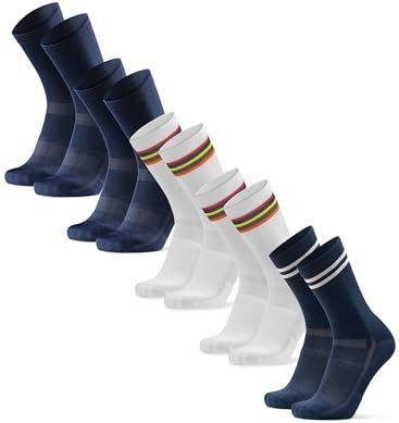 DANISH ENDURANCE Crew Fietssokken voor Dames & Heren, Ademend, Mountainbiken & Wielrennen, 3 of 5 paar Meerkleurig (2xMarineblauw, 2xWit/Gestreept, 1xMarineblauw/Gestreept) 39-42