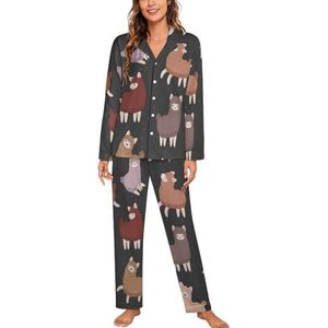 Grappige Llama Alpaca Vrouwen Lange Mouw Button Down Nachtkleding Zachte Nachtkleding Lounge Pyjama Set M