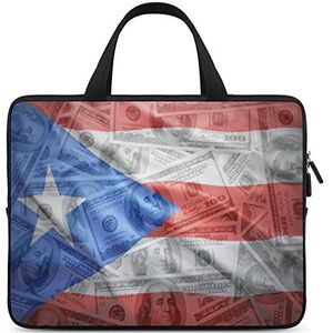 Puerto Ricaanse vlag op dollar geld laptoptas duurzame waterdichte notebook draagtas computertas aktetas 12 inch