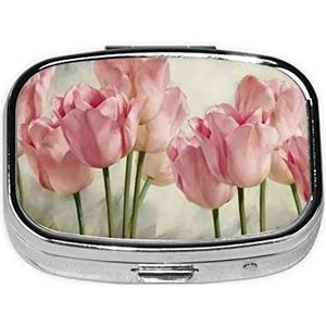 Mini vierkante pillendoos, medicijnorganizer, roze tulpen, draagbare EHBO-doos, reispillendoos met 2 vakken, kleine pillendoos voor zak of portemonnee