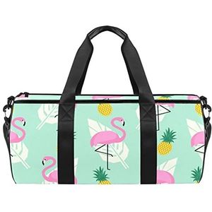 Handgetekende roze roos reistas sporttas met rugzak draagtas gymtas voor mannen en vrouwen, Roze Fruit En Flamingo, 45 x 23 x 23 cm / 17.7 x 9 x 9 inch