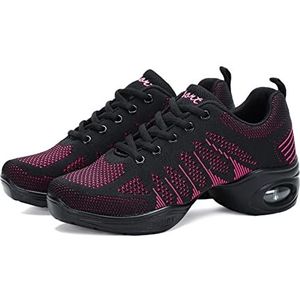 H/A Jazz danssneakers voor dames - Netstof ballroom outdoortrainers met veters en gespleten zool, lichtgewicht ademend platform damesschoen, Zwart Rose Rood 002, 40.5 EU