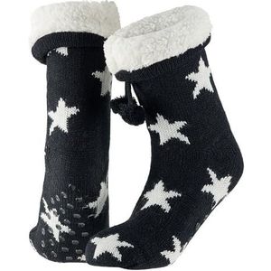 Morethansocks - Slofsokken dames - Stars - Zwart - Maat 36/41-1-Paar - Huissok - Fluffy sokken - Slofsokken anti slip - Anti slip sokken - Warme sokken - Winter sokken