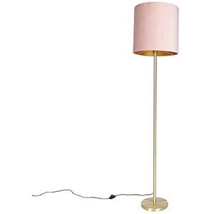 QAZQA - Modern Romantische vloerlamp messing met roze kap 40 cm - Simplo | Woonkamer | Slaapkamer - Stof Cilinder |Langwerpig - E27 Geschikt voor LED - Max. 1 x 60 Watt