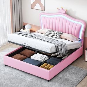 boorbin Kinderbed, gestoffeerd bed, 140 x 200 cm, hydraulisch opbergbed, eenpersoonsbedframe voor meisjes met roze kroon, van PU-leer met ledverlichting, lattenbodem en rugleuning (roze)