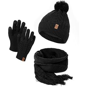 HEYO Damesmuts, sjaal, winterset, gevoerde gebreide muts met pompon, wintersjaal met franjes, touchscreen-handschoenen, zwart, Normalle Größe