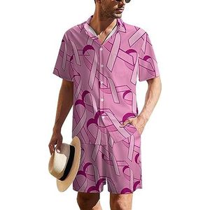 Roze lint borstkanker bewustzijn heren Hawaiiaanse pak set 2-delig strand outfit korte mouw shirt en korte broek bijpassende set
