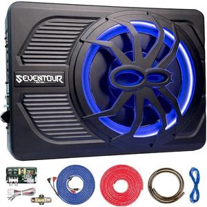 Seventour 25,4 cm subwoofer 800 W onder de stoel, geïntegreerde audio-subversterker voor auto/vrachtwagen, nieuwe upgrade met blauw led-sfeerlicht
