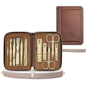 Manicureset, nagelknipperset, Pakket van 11 manicure- en pedicuresets for mannen vrouwen, reiskoffer koolstofstaal, blauw bruin(Bruin)