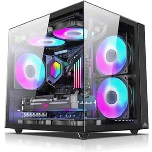 Mid-Tower M-ATX, MINIITX computerbehuizing, gehard glazen zijpaneel, gespleten kaststructuur, desktopcomputerbehuizing, verticale GPU-beugel(Black)