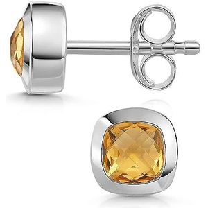 MATERIA by Matthias Wagner Kleine edelsteen oorstekers zilver 925 oorbellen voor dames vierkant, Zilver, Citrien