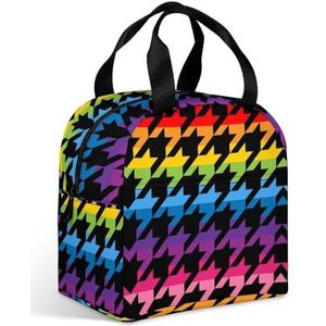Rainbow Houndstooth Tweed lunchtas voor dames, met grote zak, geïsoleerde lunchbox voor mannen, reizen, picknick, werk, grappig