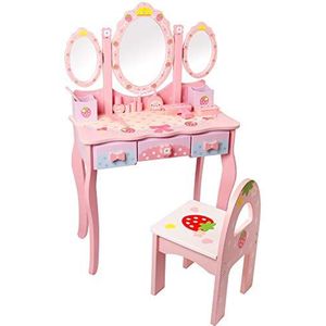 CCLIFE aankleedtafel voor kinderen, Kids Vanity tabel Set met krukje & spiegel voor meisjes make-up Vanity tabel Set houten lade voor 3,4,5,6,7,8 jaar oud kind meisje, Color:Roze