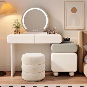 Kaptafel, LED-verlichting en stopcontact, make-uptafel met spiegel voor slaapkamer met kruk(Round stool)
