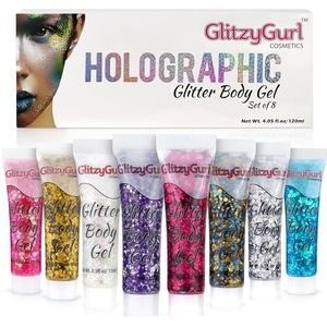 Holografische glitter gezichts- en lichaamsgel, verpakking van 8 stuks, cosmetische glitter, bodyglitter, haarglitter, festivalgel