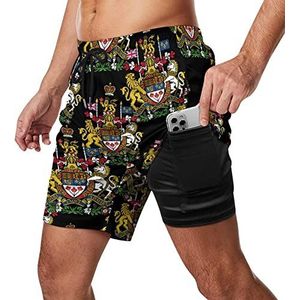 Coat Arms of Canada Zwembroek voor heren, sneldrogend, 2-in-1 strandsportshorts met compressieliner en zak