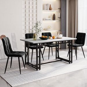Aunvla 140 x 80 cm, zwarte eettafel met 4 stoelen, moderne keuken, eettafel, zwart, fluwelen eetkamerstoelen, zwarte ijzeren beentafel