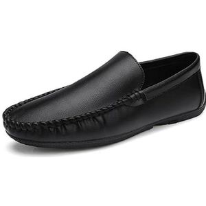 Loafers for heren Effen kleur Ronde neus Kunstleer Loafer Schoenen Antislip Platte hak Flexibele klassieke instapper (Color : Black, Size : 43 EU)