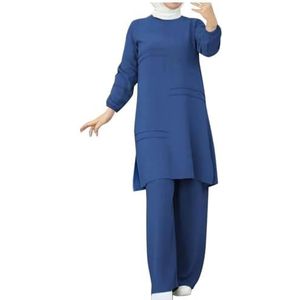 UPPJPBSW Muslim Vrouwen Plus Size Linnen Lounge Set - 2-Delige Outfit met Losse Lange Mouwen en Broek met Split Zoom,Blauw,3XL