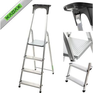 KADAX Aluminium ladder, staande ladder tot 125 kg, vouwladder voor senioren, aluminium veiligheidsladder, inklapbare ladder met plank, aluminium vouwladder, aluminium ladder (4 treden)