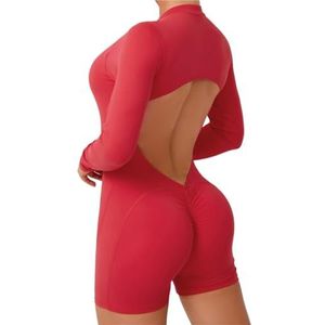 Eendelig sportpak met V-rug, push-up sportpak voor dames, fitnessbroek met ritssluiting, trainingsromper, gymnastiekbody voor dames (rood, M)