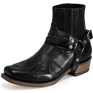 Heren Cowboy Western Laarzen, Vintage PU Lederen Puntige Teen Mid-Heel Enkellaarsjes Combat Boots Paardrijden Ruiterlaarzen 38-48,zwart,45